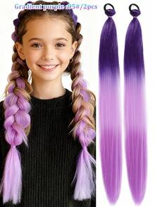 1 peça/2 peças Extensão de Peruca Trançada Colorida Roxa de 26 Polegadas para Crianças no Halloween, Acessórios de Cabelo Sintético Longo e Liso com Rabo de Cavalo Volumoso - Multicolorido - Visão 22