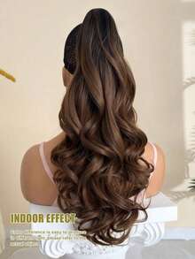 棕色长波浪卷发夹式马尾接发，假发马尾，合成材质，适合女性，深棕色波浪卷发片 - 彩色 - 查看 3