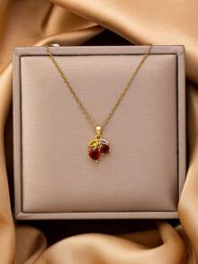 1 Pc 18K Gold Stainless Steel Cherry Pendant Necklace For Women, Zirconia Crystal Strawberry Bow Charm Necklaces, Anti-Tarnish Water Proof Jewelry - Multicolor - View 12