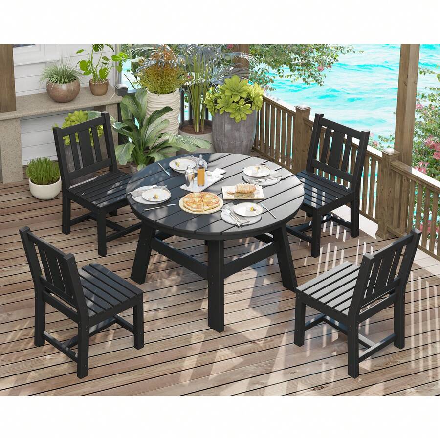 5 Piece Outdoor Dining Table And Chairs Set, Patio Table And Chairs Furniture Set With Umbrella Hole, Outdoor Dining Set For Garden And Backyard - 黑色 - 查看 1