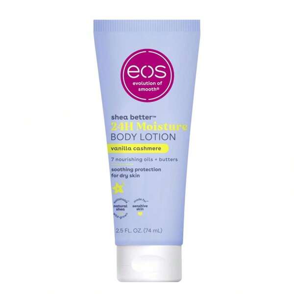 Eos 24H Moisture Travel Body Lotion- Vanilla Cashmere, Travel Size Essential, Toiletries, Mini Body Lotion For Dry Skin, 2.5 Fl Oz
