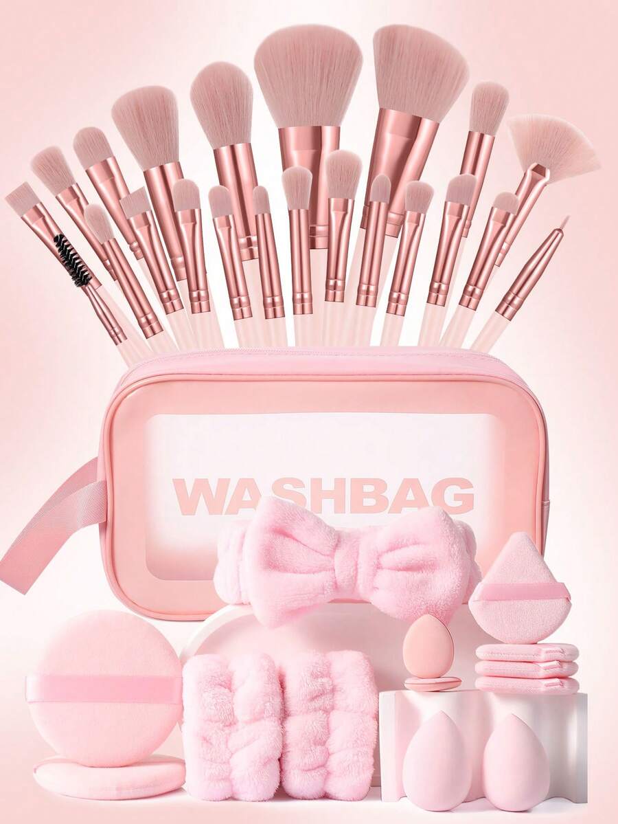 36支/22支/6支全套化妆刷套装，包含22支柔软的化妆刷，例如：散粉刷、腮红刷、轮廓刷、高光刷、粉底刷、鼻影刷、眼影刷、眉刷。 - 粉色 - 查看 1