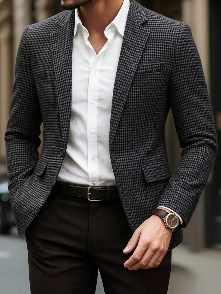 Men's Casual Houndstooth Blazer, Slim Fit Formal Business Casual Stylish Single-Breasted Suit Jacket, Classic Hong Kong Style Retro Suit Coat, Suitable For Weddings, Banquets, Vacations, Daily Casual Office And Business Events - 深灰色 - 查看 1