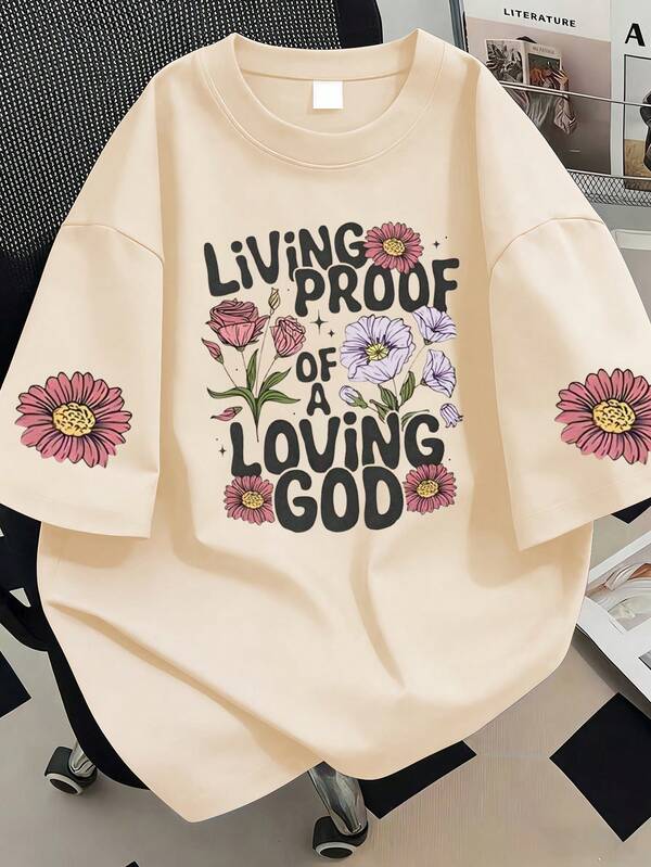 Camiseta de cuello redondo con eslogan y estampado floral, top casual para mujer de talla grande, adecuado para vacaciones, Día de San Valentín, Día de la Madre, con estampado de manga corta a la moda. Adecuado para vacaciones de verano, playa, resort, uso primaveral