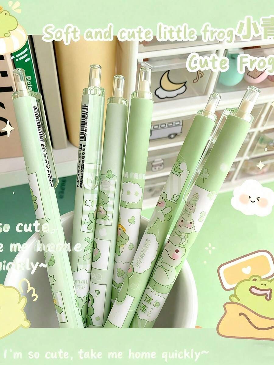 6pcs Cute Frog Designed Ballpoint Pens, High-Quality Matcha Green Student Stationery 0.5mm Black Ink Smooth Writing Pens - Matcha Frog Ballpoint Pen - View 1