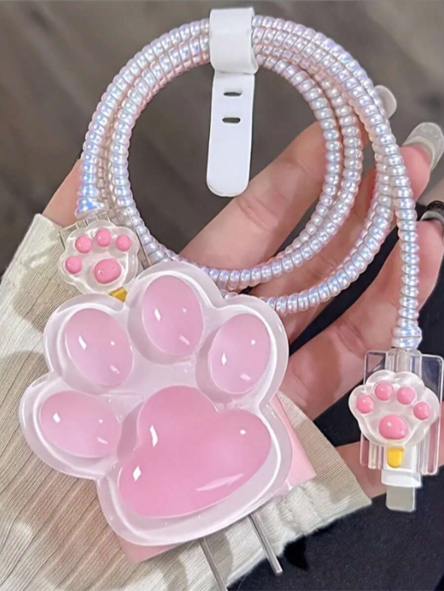 3D可爱图案，兼容 20W和18W充电器，数据线保护套，充电线保护器，全方位保护套（猫爪） - 彩色 - 查看 1