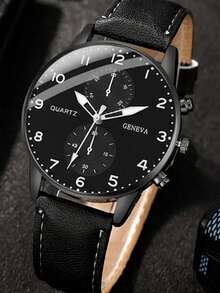 三件套奢华商务男士腕表套装，包括一枚黑色表盘多功能石英腕表（配黑色皮表带）、一个黑色压纹皮夹和一个金属钢笔。整体风格沉稳优雅，散发着成熟稳重的气质。 - 黑色 - 查看 7