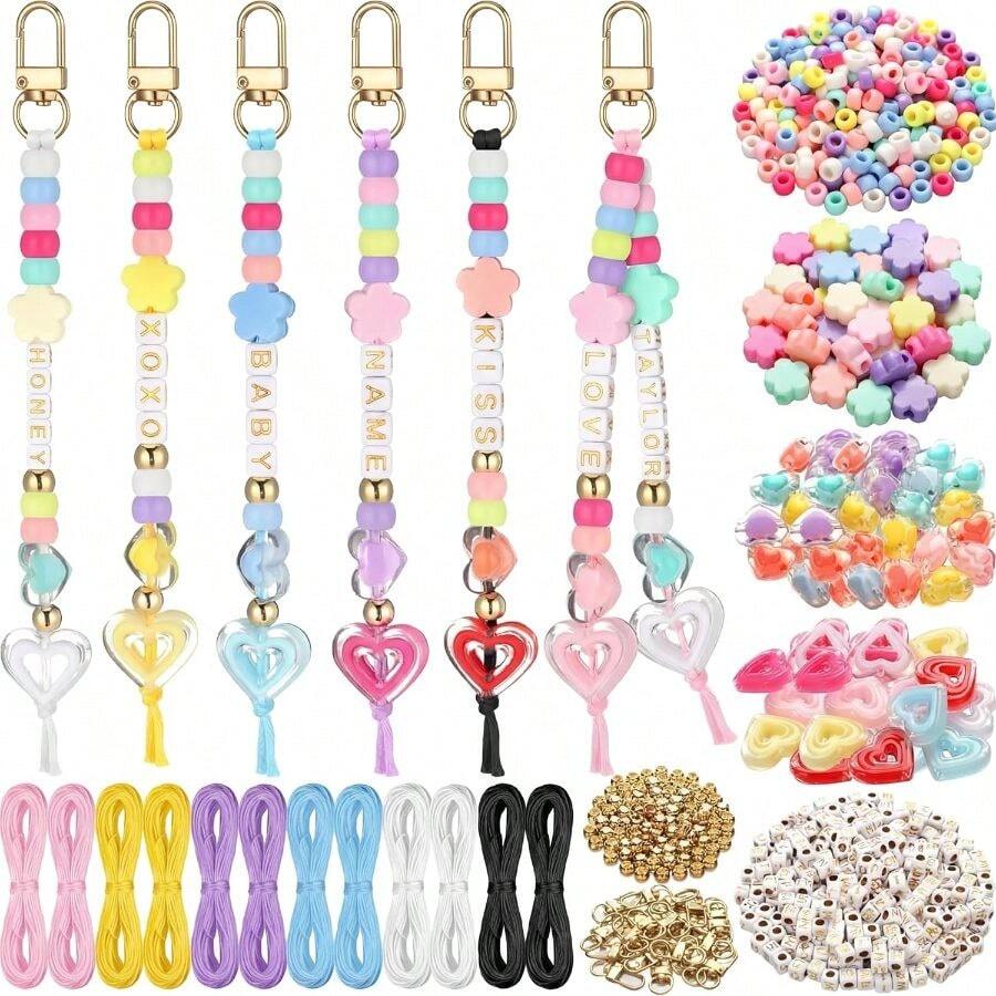 564 Pcs DIY Bead Keychain Kit Key Chain Making Craft Adjustable Letter Beads String Mama Sport Gift Alphabet Jewelry Backpack Accessories Holiday Party Favor (Flower, Clear Color) - A - View 1