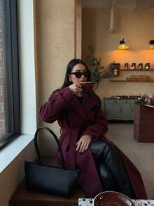 Women's Classic Double-Breasted Wool Coat, Winter New Arrival - Burgundy - View 5