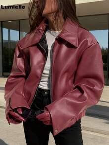Lumielle Women's Loose Casual Faux Leather Jacket, Regular Fit, Autumn/Winter Viral Oversized Cropped Bomber Jacket | Y2K Streetwear Tredy Black Zip-Up Coat | It-Girl Aesthetic Fall Outerwear Jackets For Women Winter Clothes For Women Valentine Outfits For Women Gym Clothes Women - Red - View 2