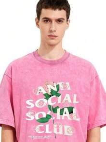 2026 Summer Tops1pc Retro Water Washed T Shirts, Artistic Graphic Featuring A Blooming Rose Intertwined With Bold Anti Social Club Text Symbolizing Contrast Between Beauty And Isolation Vintage 100% 230g Pure Cotton Casual Tee For Men,Street Y2K, Summer Tops, New Year Gifts,UnisexLoose And Comfortableshirt - 玫紅色 - 查看 1