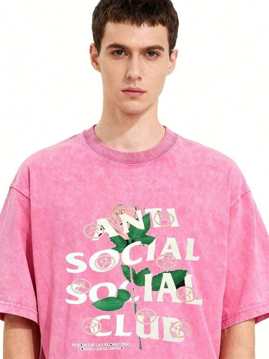 2026 Summer Tops1pc Retro Water Washed T Shirts, Artistic Graphic Featuring A Blooming Rose Intertwined With Bold Anti Social Club Text Symbolizing Contrast Between Beauty And Isolation Vintage 100% 230g Pure Cotton Casual Tee For Men,Street Y2K, Summer Tops, New Year Gifts,UnisexLoose And Comfortableshirt - 玫紅色 - 查看 1