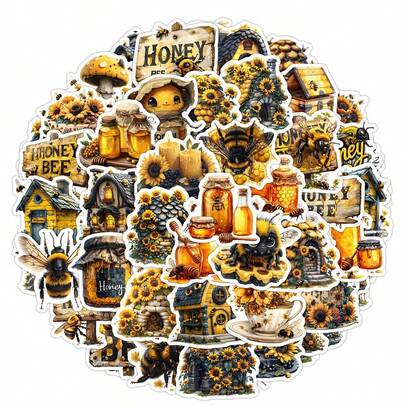 50pcs Cute Cartoon Bee Stickers, Suitable For Laptop, Water Bottle, Guitar, Bicycle, Motorcycle, Bumper, Luggage, Skateboard, Graffiti, Adorable Stickers, Best Gift For Teenagers And Young Adults