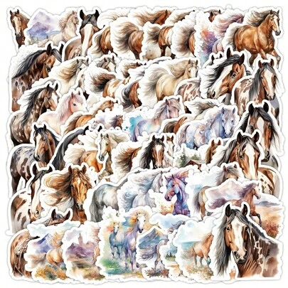 50pcs Cute Cartoon Watercolor Horse Stickers, Suitable For Laptop, Water Bottle, Guitar, Bicycle, Motorcycle, Luggage, Skateboard, Graffiti, Adorable Stickers, Best Gift For Teenagers, Men And Women