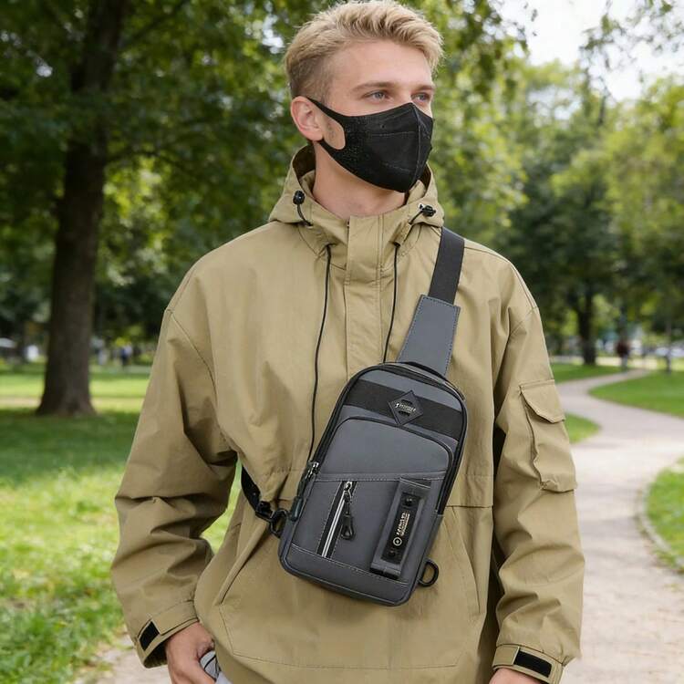 Sling Crossbody Bag For Men Casual Zipper Closure Chest Shoulder Bag With Adjustable Shoulder Strap - Grey - View 4