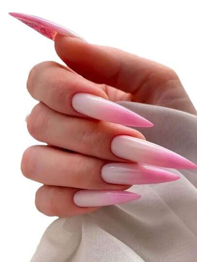 Monina 24pcs Soft Gradient Stiletto False Nails, Gentle Elegant Milky White & Pink Acrylic Nail Tips For Women