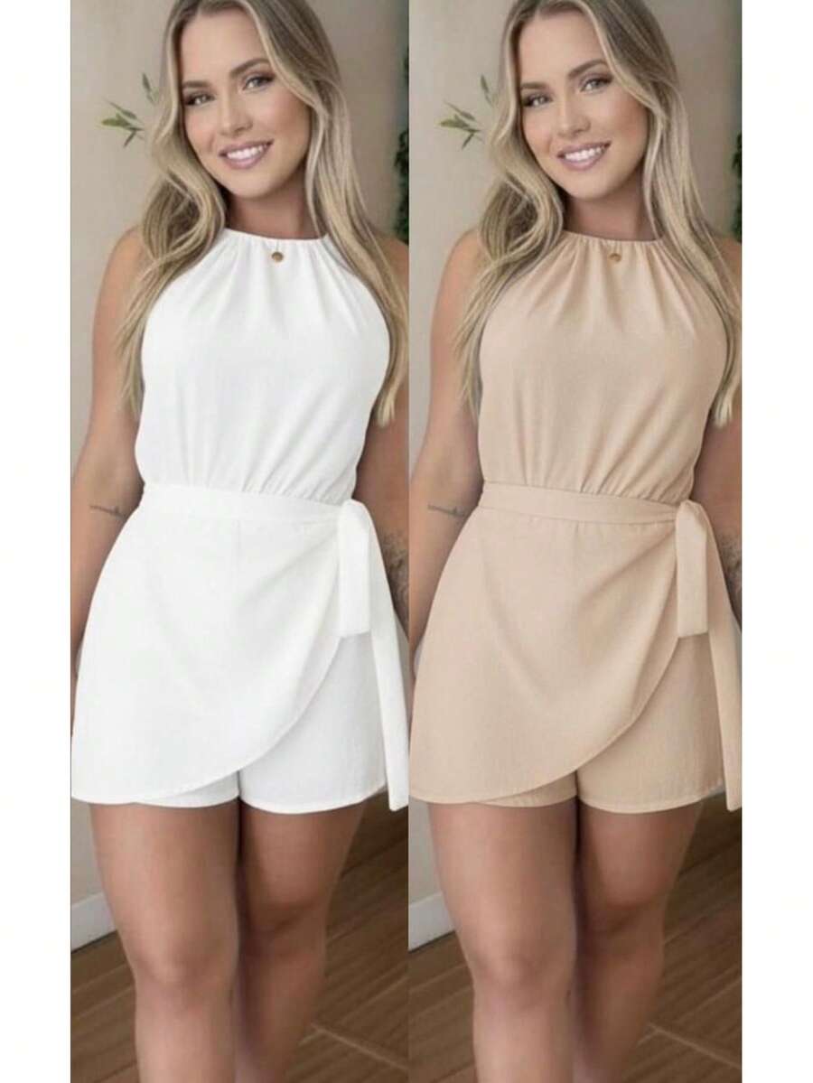 Women's Summer Fashion Jumpsuit Set - Duna - 兩件套 - 白色和米色連身衣 - 查看 1