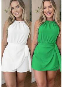 Women's Summer Fashion Jumpsuit Set - Duna - 兩件套 - 白色和綠色連身衣 - 查看 2