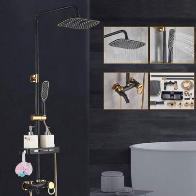 Exposed Shower System, Matte Black Outdoor Shower Fixture, Rainfall Shower Head 3 Function Brass Bathroom Wall Mount Shower Faucet Set With Shelf And Hose