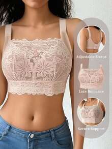 女士法式浪漫蕾丝性感抹胸文胸，全罩杯钢圈文胸，四季皆宜 - 粉色 - 查看 1