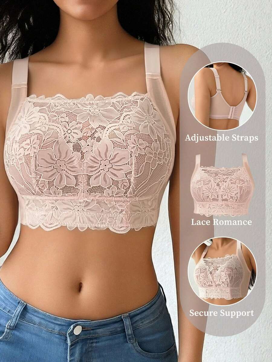 女士法式浪漫蕾丝性感抹胸文胸，全罩杯钢圈文胸，四季皆宜 - 粉色 - 查看 1