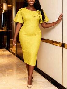 AOMEI 黄色优雅连衣裙，女士圆领短泡泡袖 3D 立体花卉奢华修身开衩提花晚礼服，适合婚礼、舞会、教堂派对、生日、婚礼宾客、毕业典礼、正式晚宴、返校节等场合。 - 黃色 - 查看 3