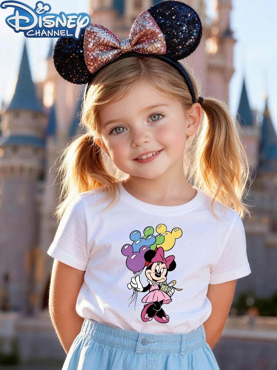 Minnie Mouse With Balloons The Floral Pattern Disney Summer Girls Round Neck Short Sleeved Baby Tops Are Suitable For Daily Wear Comfortable And Breathable And Fashionable And Versatile They Are The Perfect Gift For Children - trắng - Xem 1