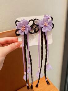 Set de 2 pinzas para el cabello con flores de tela y borlas, estilo chino antiguo para cabeza, para Año Nuevo, baile - Multicolor - Ver 5