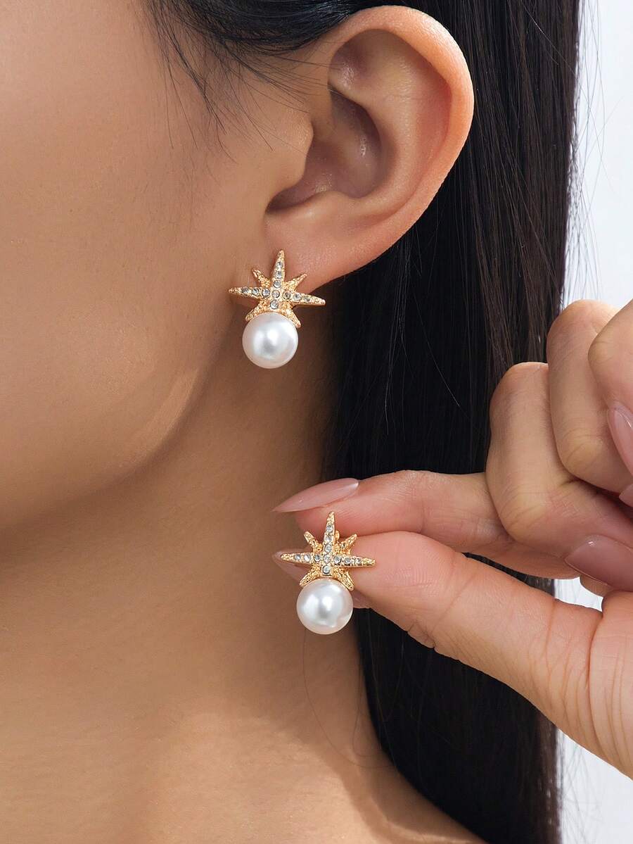 1 Pair Cute & Elegant Faux Pearl Octagon Stud Earrings, Suitable For Daily Wear - Yellow Gold - View 1