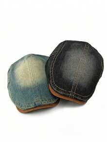 Unisex Retro Beret Hat, Reversible Newsboy Cap, Washed Denim Baseball Cap - Multicolor - View 1