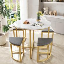 Dining Set Containing Four Chairs With MDF Tabletop And Gold Iron Frame. Velvet Seat, White, Grey. - Grey - View 11