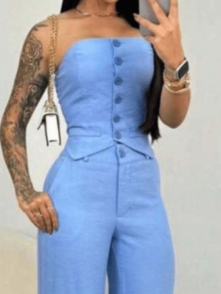 Conjunto Social TOMARA QUE CAIA CALÇA PANTALONA Alfaiataria Feminino - Azul bebê - Visão 4