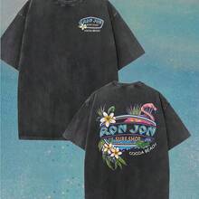 Super Value Hot  T-Shirt 230g Heavyweight Vintage Washed Cotton T-Shirt - Tropical Flamingo & Surfboard Graphic Print, Dual-Sided Beach Carnival Design, Loose Fit Crew Neck Short Sleeve For Men & Women, Summer Surfing, Parties, Beachwear (Machine Washable) Suitable As A Gift For Fans SD0082 - màu đen - Xem 4