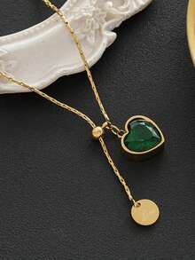 Luxury Green Diamond Heart Pendant Necklace, Gold Chain Circular Disc Pendant, Women Choker Necklace - Heart Necklace - View 4