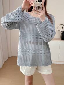 Women's Loose Knit Hollow Crochet Cover Up, Round Neck Long Sleeve Lightweight Sheer Top, Spring/Summer - Blue-gray - View 2