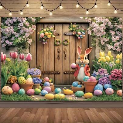 1pc Spring Easter Bunny And Floral Background Cloth, Photography Decoration, Garden Plant Door Design, Suitable For Birthday, Wedding, Easter, And Home Party Decorations.