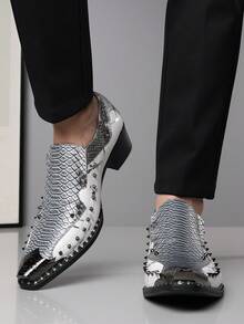 男士商务正装皮鞋，铁质鞋头铆钉，手工鞋，理发店风格，英伦时尚 - 銀色 - 查看 4