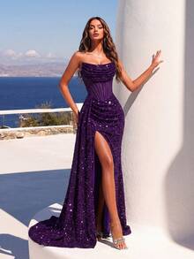 ADYCE Sequin Bandeau Mermaid Backless High Slit Formal Gown, Suitable For Cocktail Parties, Galas, Wedding Guests, Formal Occasions, Graduation Ceremonies, And Date Nights, For Valentine's Day Party Spring - Violet Purple - View 1