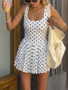 Cute Polka Dot Round Neck A-Line Short Dress, High Elasticity Ruffle Hem, Retro Style - Black and White - View 7