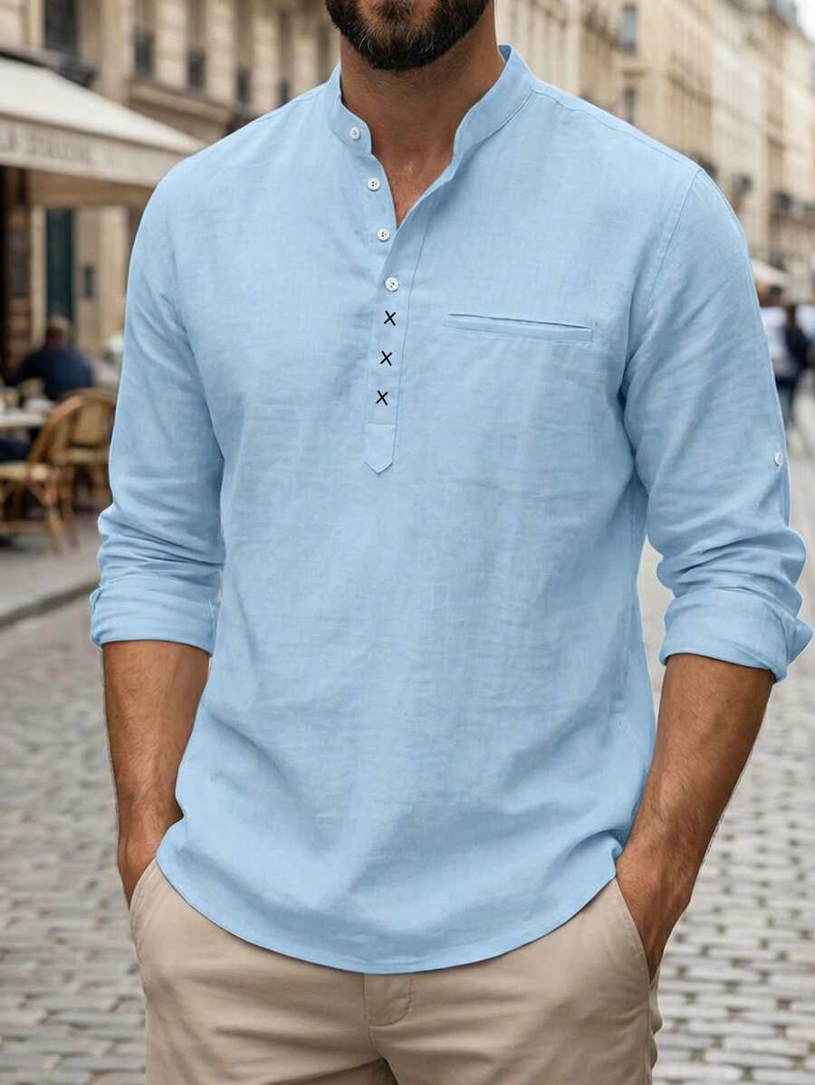 男士長袖襯衫,胸前繡花設計 - 藍色 - 查看 1