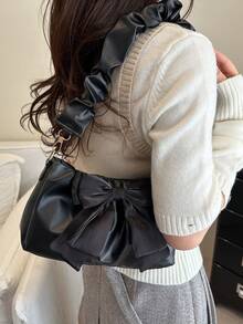 Bolso de hombro con cadena plisada y decoración de lazo - Negro - Ver 8