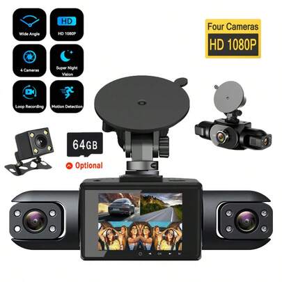 4-Channel 360° Dash Cam, Front/Rear/Left/Right View, 3.16" Screen, Built-In Night Vision, Sensitive Motion Detection Recording, Parking Monitoring, Reverse Assist, 150mAh Battery