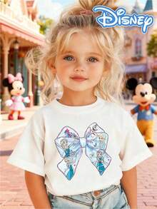 [Disney Authorized] Front: Elsa Bow Shape With Snowflake Elements Back: Elsa With Repeated "BIRTHDAY GIRL" Text And Number "13" Double-Sided Print Pattern Girls' T-Shirt - Children's Clothing Design Short-Sleeve Casual Cute Style Comfortable And Relaxed Suitable For Boys And Girls, Perfect For Parties And Play Machine Washable Gift Children's Clothing Girls' Short-Sleeve Shirt - 白色 - 查看 2