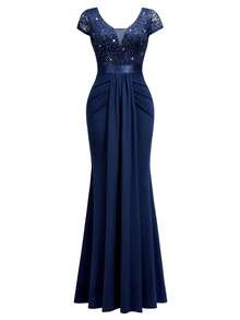 MIUSOL Sequin Floral Lace Sweetheart Neck Cap Sleeve Draped Mermaid Hem Formal Party Maxi Dress - 藏蓝色 - 查看 7