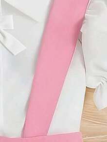 2pcs Girls Casual Beaded Decor Open Collar Lantern Sleeve Top And Suspender Skirt Set, Summer - Pink - View 5