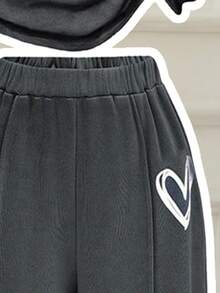 Tween Girls' Heart Print Short Sleeve T-Shirt And Pants Casual Outfit - Dark Grey - View 5