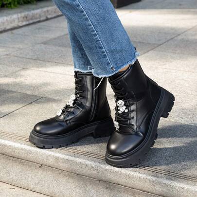  WEIDE Botines para Mujer con Osito Brillante, Plataforma, Tacón Grueso, Punta Redonda, Cremallera Lateral, Forro Acolchado, Estilo Urbano