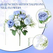 16 Bundles Artificial Peonies Flowers Fake Silk Peony Bouquet Faux Peonies Flowers Bulk For Decoration Vase Florals Arrangements Wedding Party Table (Gradient Blue) - 漸變藍 - 查看 3
