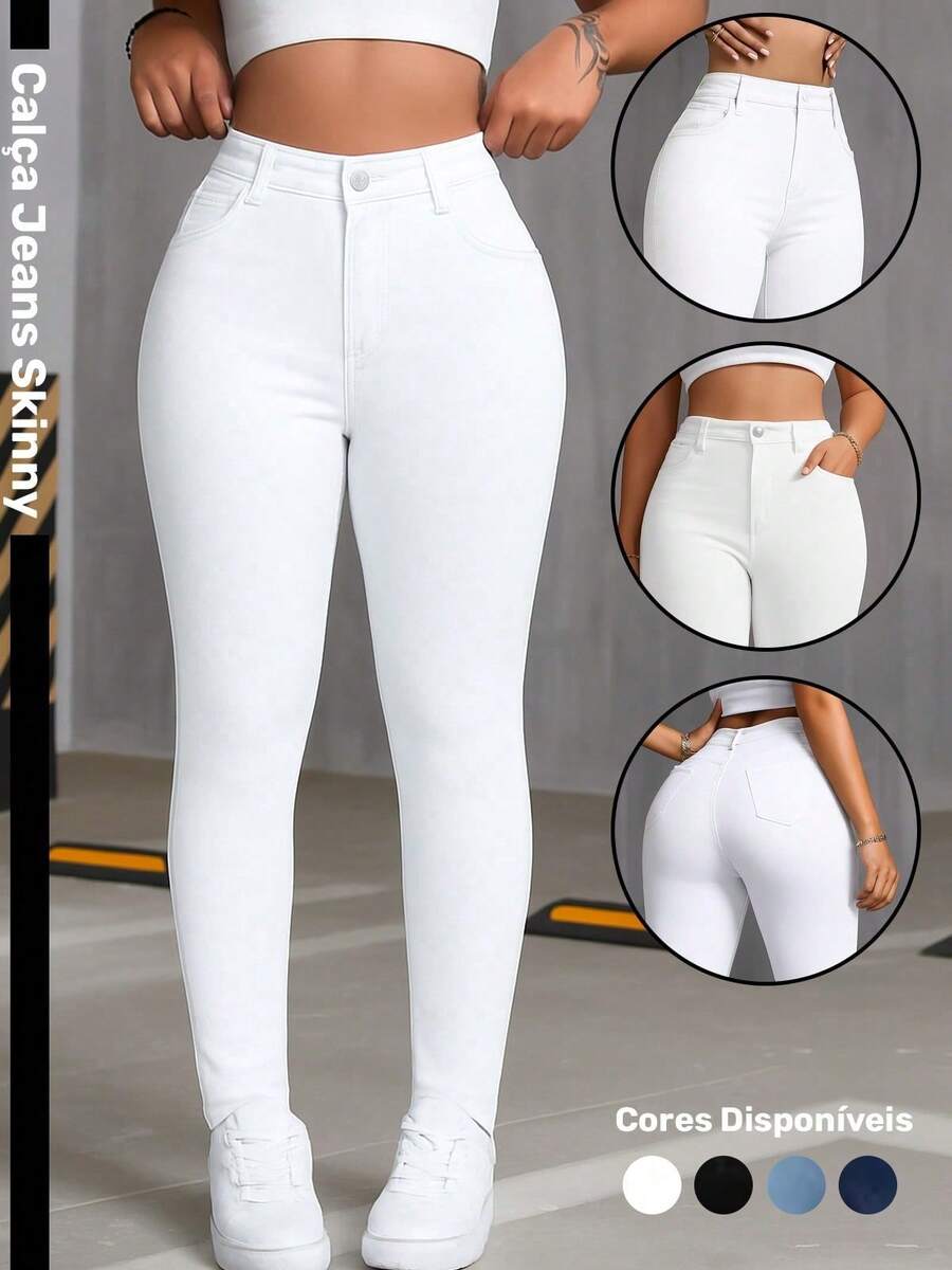 Women's Skinny Jeans, Fitted Style, High Waist, Butt-Lifting, Slim Fit, Casual And Sophisticated Look, White - 白色 - 查看 1