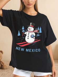 Muñeco de nieve esquiando con texto New Mexico Navidad Camiseta de manga corta diseño gráfico estilo retro para mujeres y hombres uso casual vacaciones fiestas 220g - Negro - Ver 1